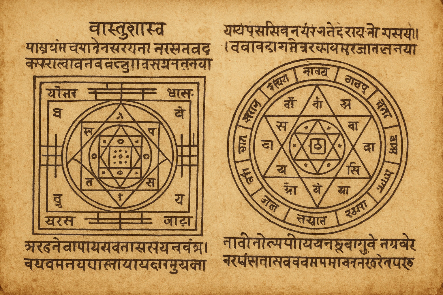 Ancient Indian manuscript showing Vastu diagrams with geometric patterns and Sanskrit text